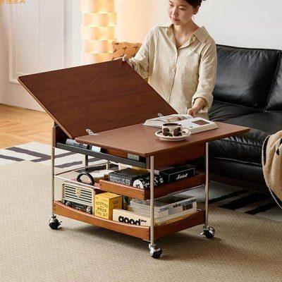 现代实木茶几家用客厅小推车中古风小户型可移动折叠茶几沙发边几