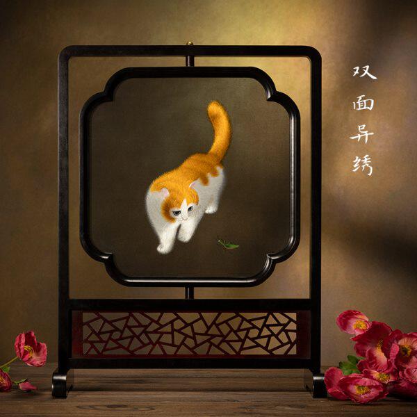湘传原创纯手工双面刺绣异面绣亚花梨木摆件双面台屏刺绣礼品湘绣