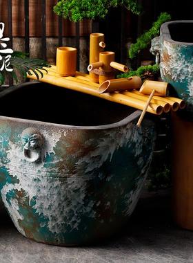 覆古陶瓷彷古大缸浮世绘鱼缸落地摆件庭院园林粗陶手工流水水景盆
