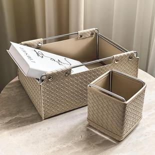 ins轻奢风杂物桌面收纳盒零食化妆品收纳筐大号皮质编织盒 态生活
