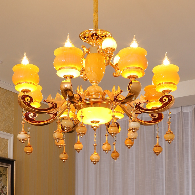 天然玉石吊灯欧式客厅灯真黄龙玉松香玉奢华吊灯22新款智能吊灯