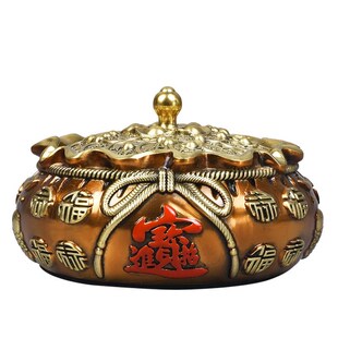 黄铜带盖烟灰缸端大气上档次创意客厅办公室防飞灰铜缸