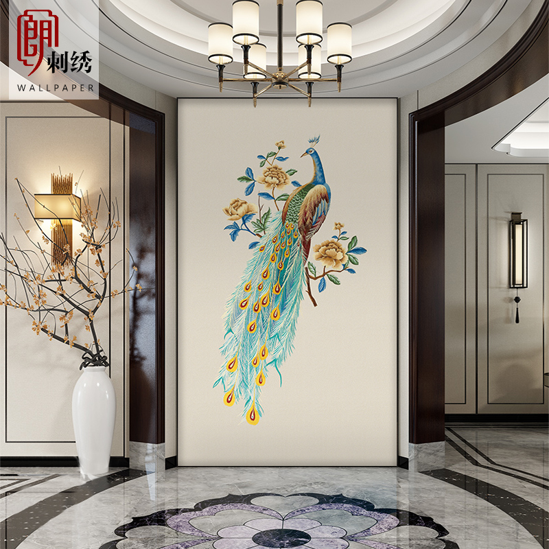 定制刺绣无缝独绣墙布孔雀中式玄关背景墙客厅餐厅隔断装饰画壁布图片