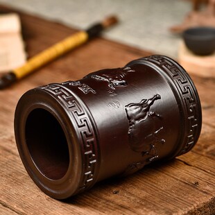 黑檀木雕五牛图笔筒办公室桌面创意实木雕刻红木质工艺品