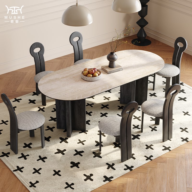 暮奢法式实木洞石岩板餐桌椅北美黑胡桃设计师椭圆餐桌