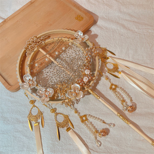 喜扇古风新娘婚礼团扇长结婚出嫁秀禾服扇子鎏金烫金汉服