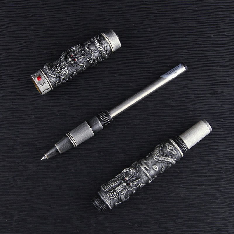 复古银龙戏珠全金属龙雕美工签字商务钢笔木质龙雕礼盒定制刻字