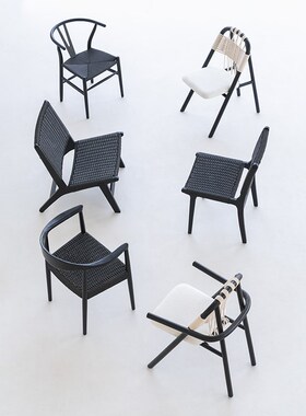 叁几 侘寂风实木绳编靠背椅白蜡木餐椅家用民宿茶桌椅黑色扶手椅