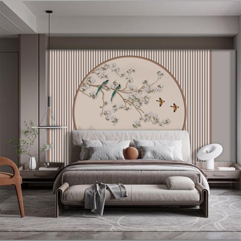 现代新山水鸟电视沙发背景墙壁纸客厅壁画墙布新款,家装主材,定制壁画,淘宝优惠券,粉丝福利购,淘宝优惠卷