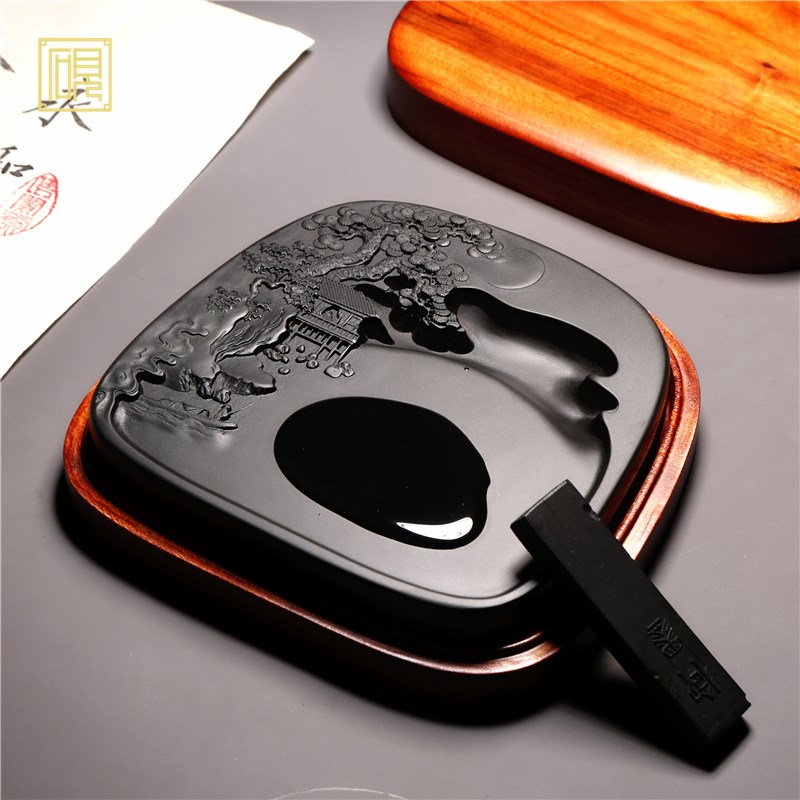 安徽歙砚 名师设计山水文人砚台 精品天然老坑黑龙尾歙砚文房书法