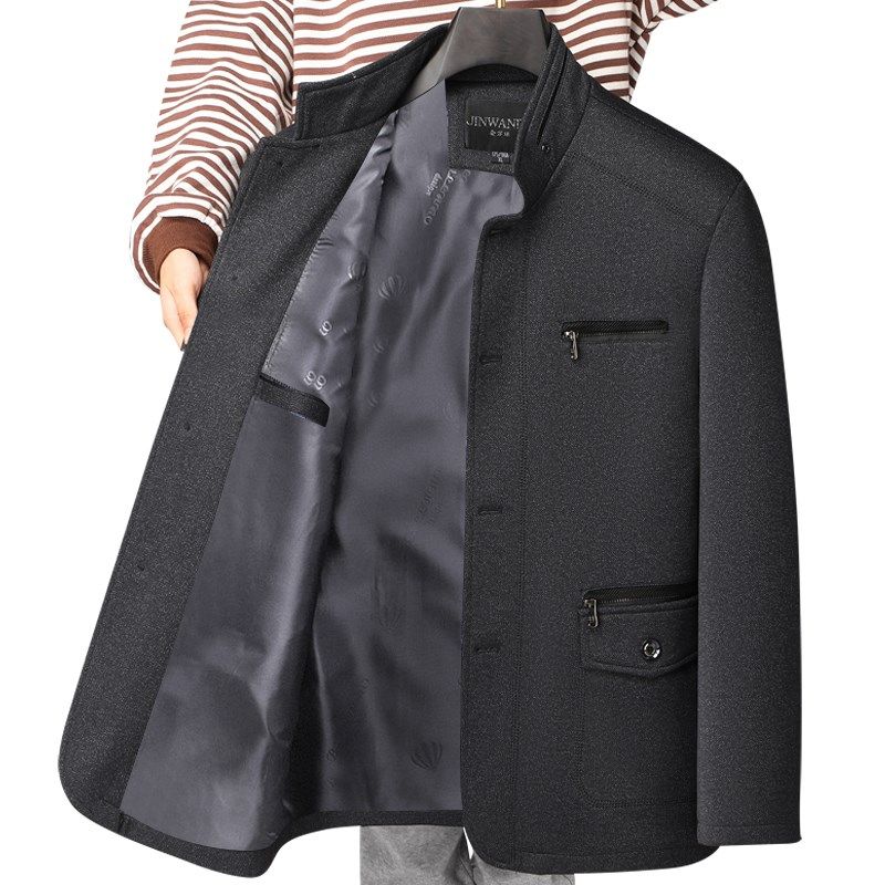 爸爸秋冬装外套男中年休闲翻领夹克衫上衣冬季中老年加绒宽松衣服