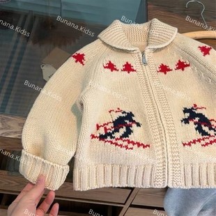 韩国儿童秋冬季毛衣开衫 宝宝翻领毛衣外套女童米色提花洋气毛衣
