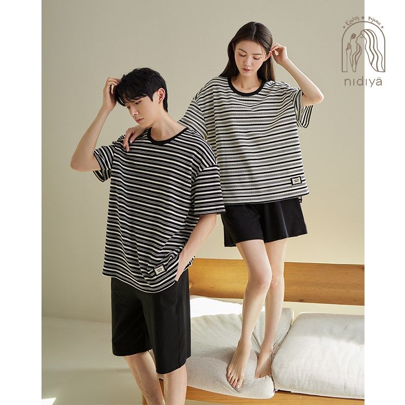 妮狄娅2024情侣睡衣女夏季纯棉短袖男圆领套头外穿条纹家居服套装,女士内衣/男士内衣/家居服,睡衣/家居服套装,淘宝优惠券,粉丝福利购,淘宝优惠卷
