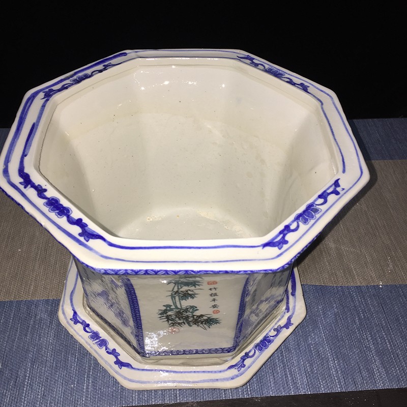 景德镇陶瓷花盆四君子八角青花瓷花钵室内外盆栽绿植多肉盆带底盘