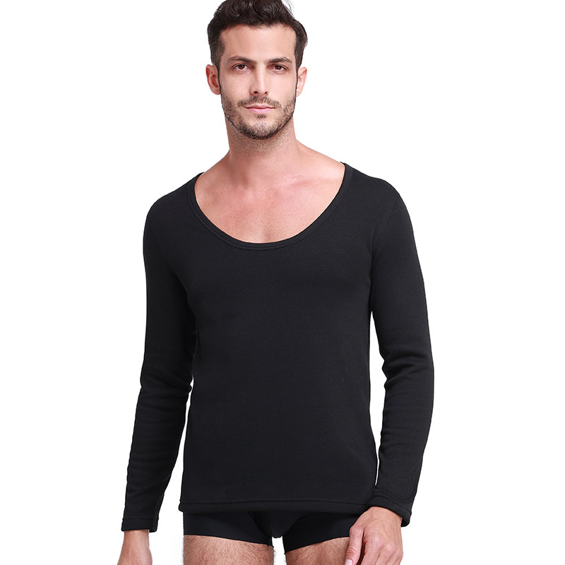 新款超低领保暖内衣男士加厚加绒保暖上衣单件大领口打底衫冬季