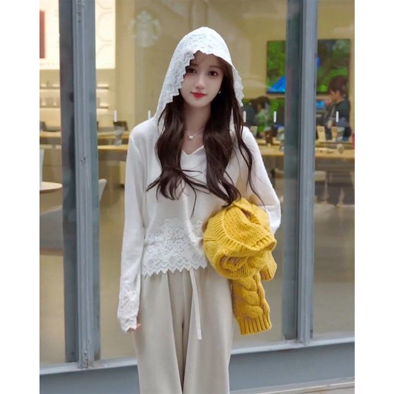 法式蕾丝拼接连帽长袖T恤女2024秋冬新款宽松显瘦内搭打底衫上衣,女装/女士精品,羊绒衫,淘宝优惠券,粉丝福利购,淘宝优惠卷