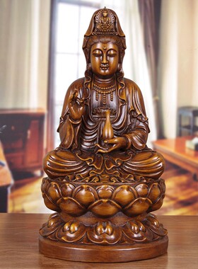 实木雕观音摆件大号黑檀木质坐莲观世音菩萨神像家用供奉观音佛像