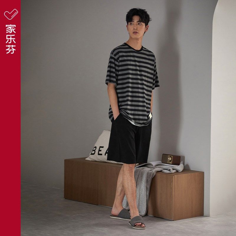 睡衣男士夏季纯棉短袖短裤家居服夏款薄款条纹休闲可出门外穿套装,女士内衣/男士内衣/家居服,睡衣/家居服套装,淘宝优惠券,粉丝福利购,淘宝优惠卷