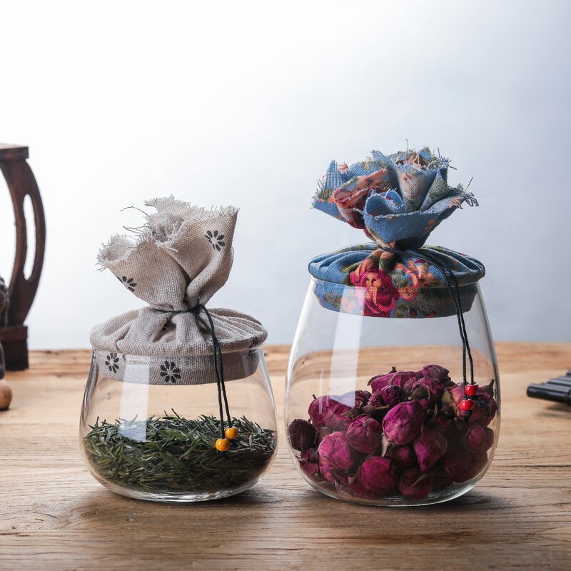 软木塞透明玻璃茶叶罐样品密封茶罐精美布盖糖果花茶罐子包装盒子
