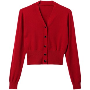 v领薄款针织开衫女秋季毛衣外套气质小衫 小个子短款洋气卡腰上衣