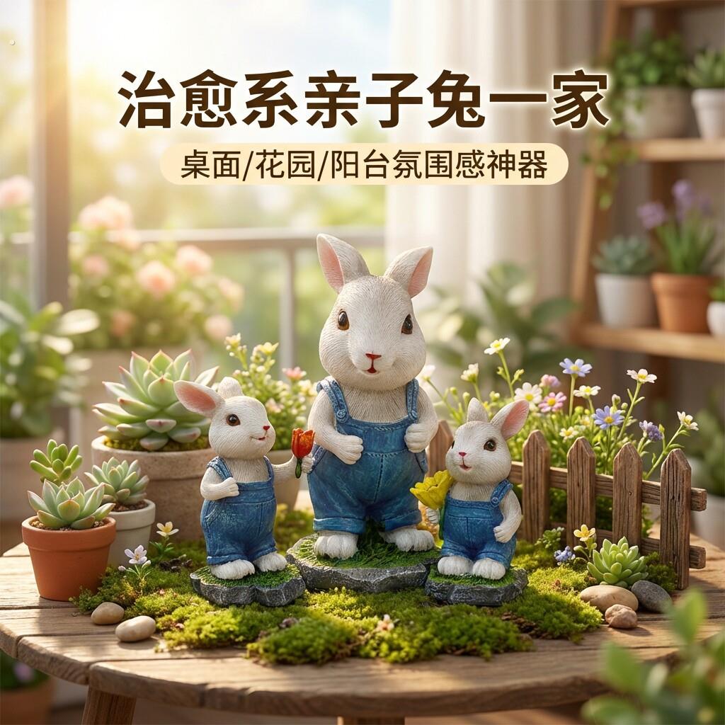可爱精致三只兔子一家解压办公室桌面装饰摆件装饰品迷你可爱兔子