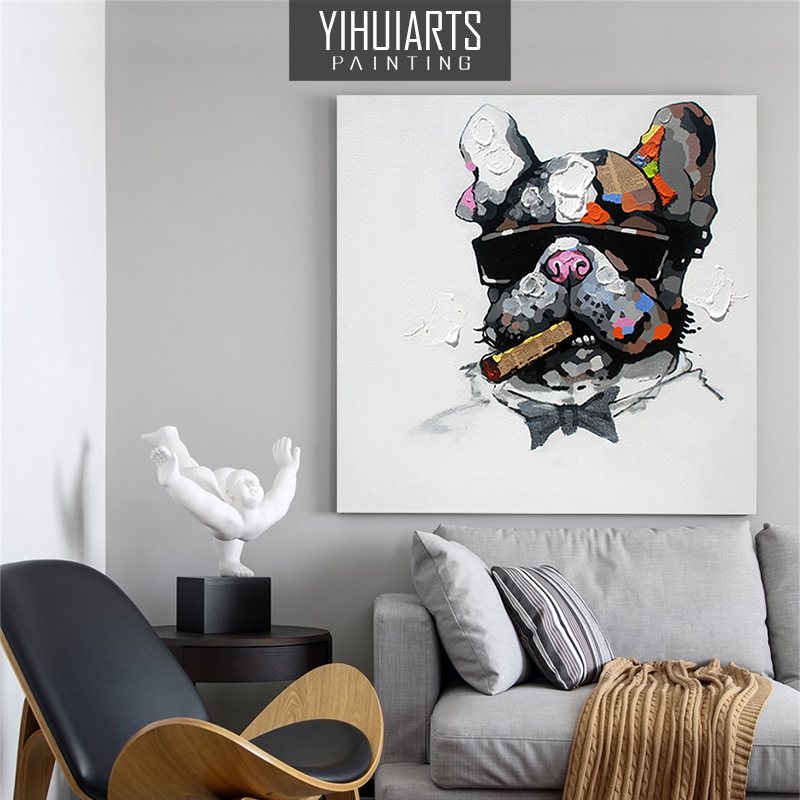 亿辉纯手绘装饰画现代简约儿童房动物卡通狗油画客厅餐厅玄关壁画图片