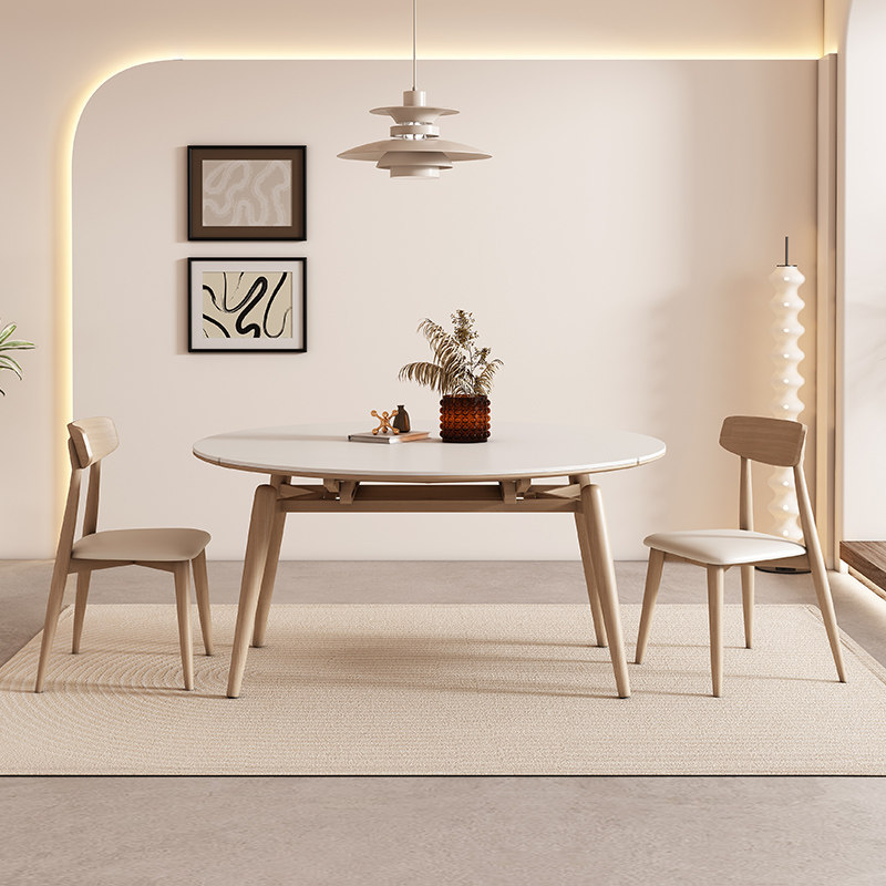 奶油风实木岩板伸缩餐桌变圆桌家用小户型色方圆两用桌,住宅家具,岩板餐桌,淘宝优惠券,粉丝福利购,淘宝优惠卷