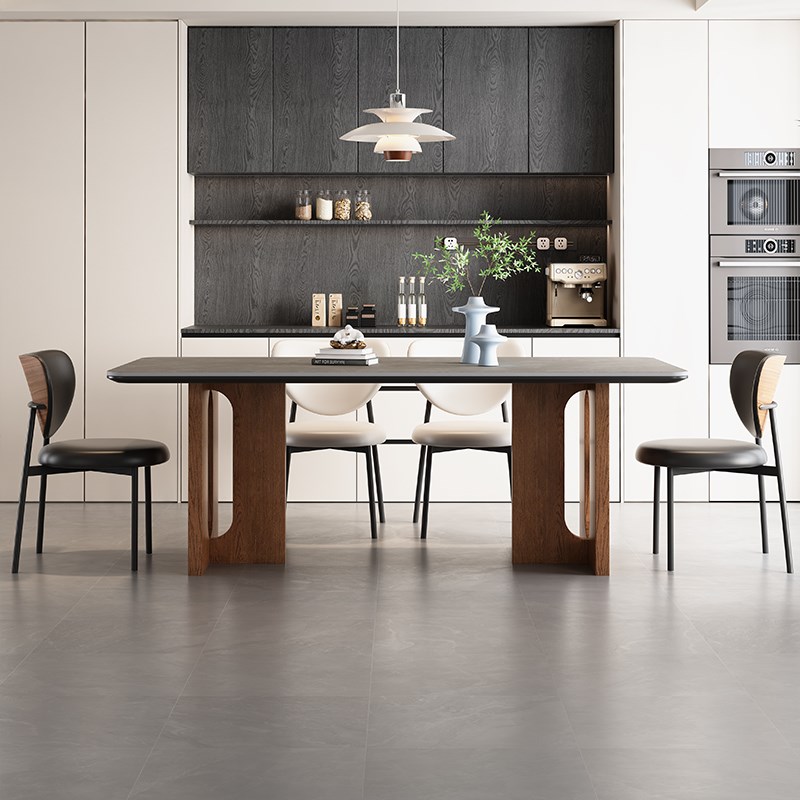 中古风实木岩板餐桌椅意式极简家用20新款长方形饭桌白蜡木