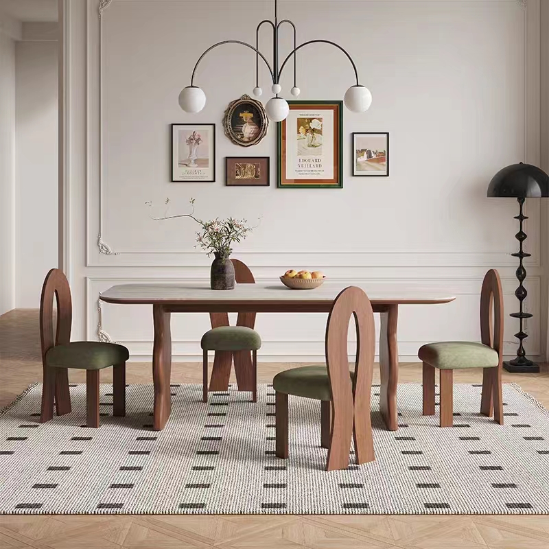法式洞石岩板餐桌家用小户型胡桃木色饭桌 长方形实木餐桌椅