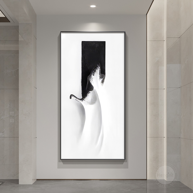 现代极简玄关装饰画竖版黑白几何抽象入户走廊过道挂画高级感壁画图片