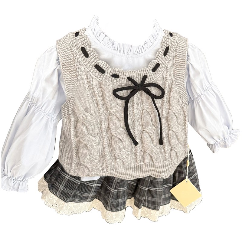 女宝宝绅雅学院风套装女童秋季2024新款女婴儿背心衬衫短裙三件套