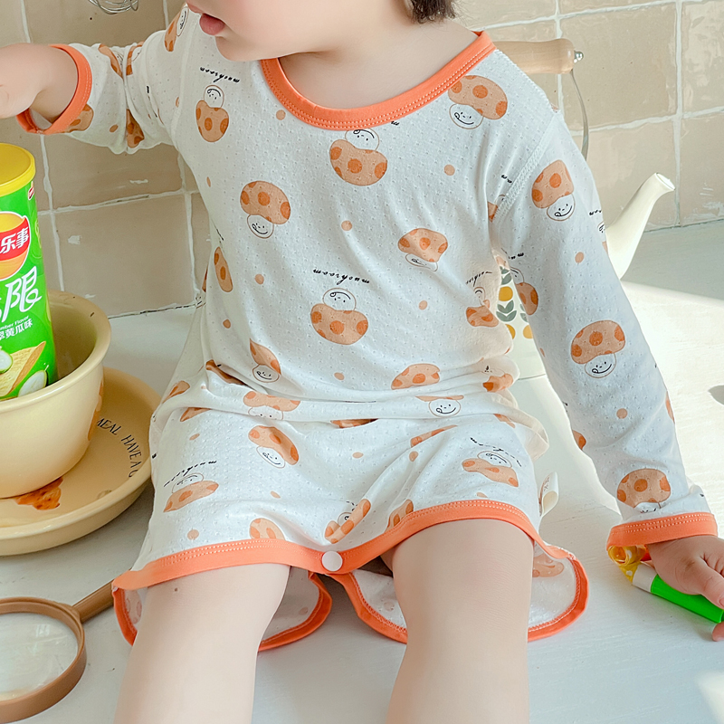 夏季儿童连体睡衣薄款竹纤维男女童长袖婴儿睡袍春秋防踢宝宝睡裙