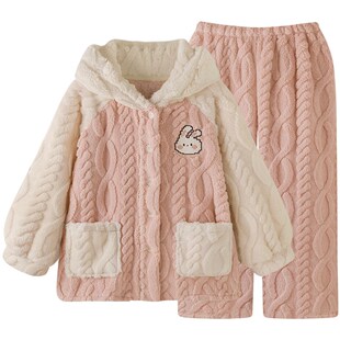 【超柔软】情侣睡衣女款秋冬季男款加厚珊瑚绒保暖连帽家居服套装