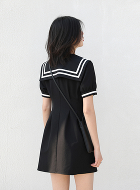 CV大码女装 复古学院风v领撞色海军领连衣裙a字收腰裙子夏女新款