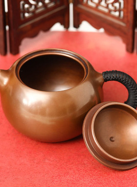 大红袍西施壶铜壶烧水壶手工倒把煮茶泡小茶壶套装紫铜茶道摆件