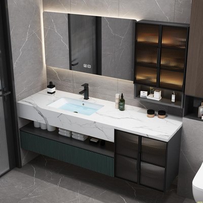 岩板无缝一体盆橡木浴室柜现Q代现代洗漱台洗脸盆柜组