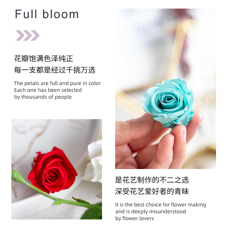 蔓玥 A级3-4cm玫瑰永生花diy手工玻璃罩玻璃罩车挂玫瑰盒装12朵