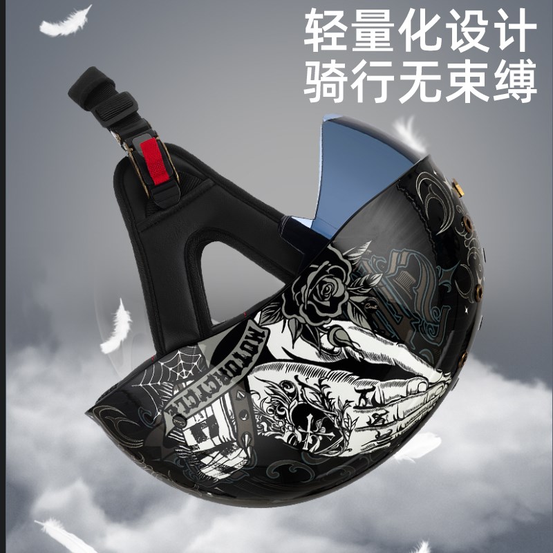 摩托车夏季复古半盔透气头盔电动车超轻哈雷巡航3C认证男女瓢盔