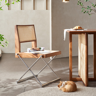 藤编制品昌迪加尔侘寂中古家具设计师餐椅复古藤编实木