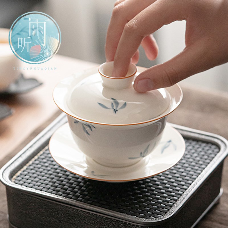 手绘兰花盖碗茶杯青花瓷泡茶杯林单个女士三才茶碗陶瓷泡茶器茶具