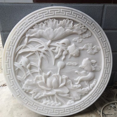 石雕汉白玉浮雕壁画晚霞红青石庭院影壁墙玄关花开富贵地雕福字