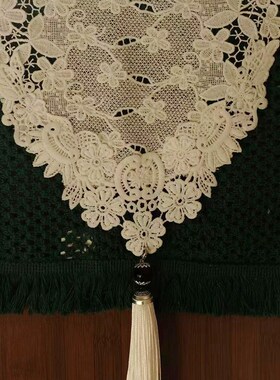 eo手工法式绿色编织流苏桌旗白色蕾丝朵茶几餐桌电视柜盖布