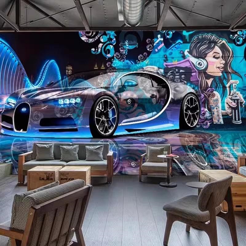 3D立体涂鸦健身房壁纸跑车汽修厂改装店墙纸主题清吧车库背景墙布
