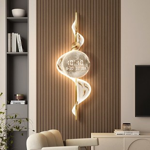 九鱼图客厅挂钟新款创意电子时钟壁灯画格栅背景墙数显屏钟表