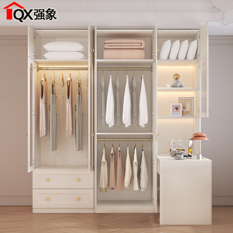 奶油风转角书桌衣柜一体家用卧室玻璃门衣橱一门到顶定制A