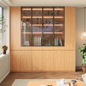 定制橡木书柜一体整墙收纳柜书架客厅靠墙全实木带玻璃置物展示柜