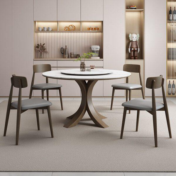 岩板圆形餐桌椅组合家用带转盘实木圆餐台现代简约高端白蜡木餐桌