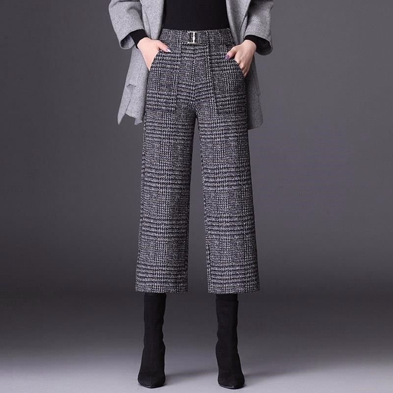 秋小个子宽松格子裤八分靴裤冬款妈妈款毛呢灰色阔腿裤新款女裤子