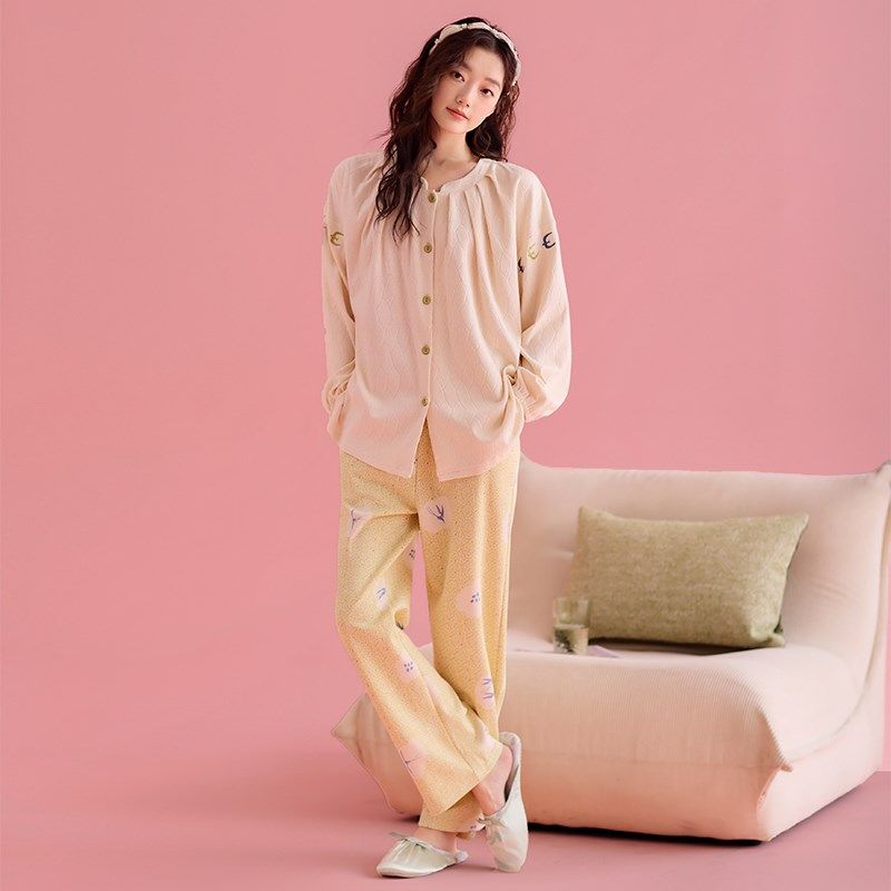 女士睡衣春秋款纯棉长袖甜美可爱女人开衫宽松家居服秋季长裤套装
