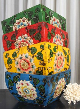 新中式仿古实木米斗摆件手绘收纳盒储物罐日进斗金家居装饰品花器